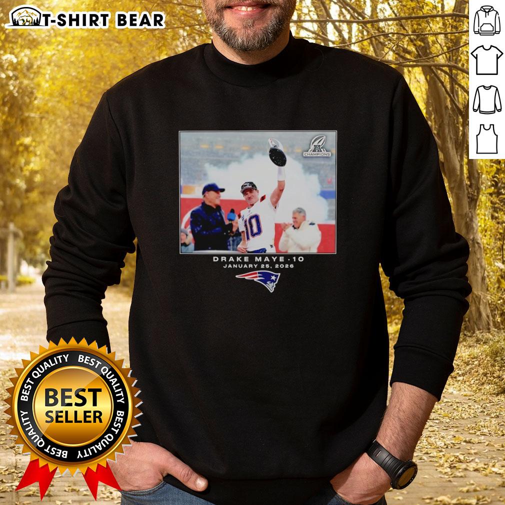 Alt Text: Drake Maye wearing a New England Patriots sweatshirt, showcasing NFL 2026 team spirit and style.