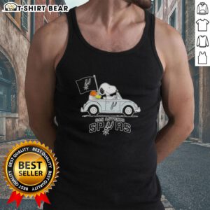 Snoopy driving a car in a San Antonio Spurs basketball tank top, showcasing a fun sports-themed design.