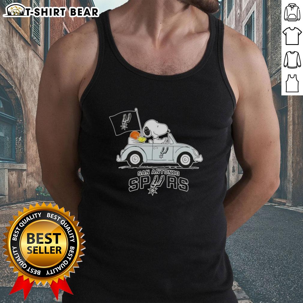 Snoopy driving a car in a San Antonio Spurs basketball tank top, showcasing a fun sports-themed design.