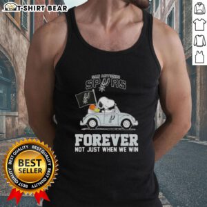 Alt Text: Snoopy driving a car in a San Antonio Spurs tank top, celebrating the team's spirit, Forever, Not Just When We Win.