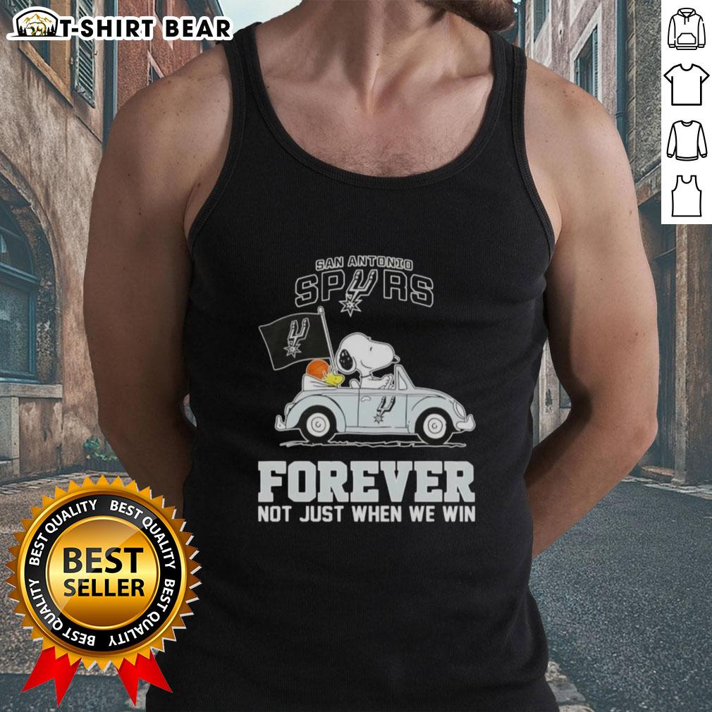 Alt Text: Snoopy driving a car in a San Antonio Spurs tank top, celebrating the team's spirit, Forever, Not Just When We Win.
