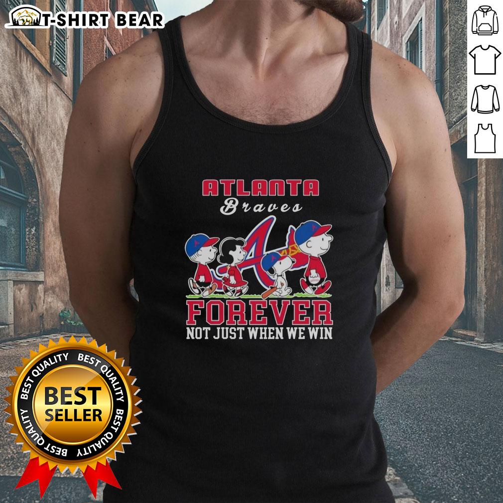 Nice Snoopy Peanuts Atlanta Braves Forever tank top featuring Snoopy celebrating fandom, perfect for baseball lovers.