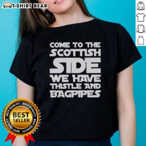 Scottish-themed Star Wars ladies tee featuring thistles and bagpipes, perfect for fans of both cultures.