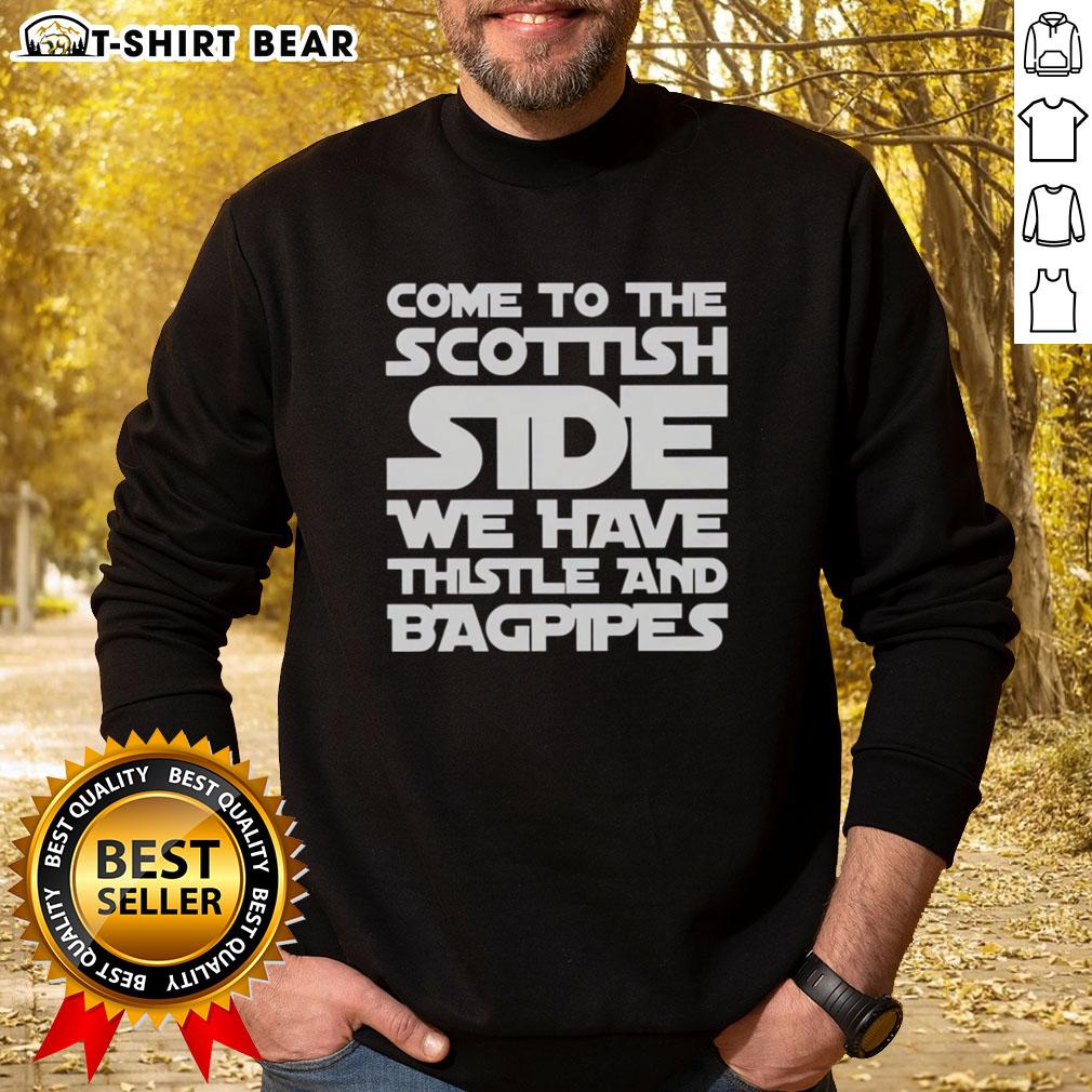 Cozy sweatshirt featuring 'Star Wars' theme with thistle and bagpipes, perfect for Scottish fans and sci-fi lovers.