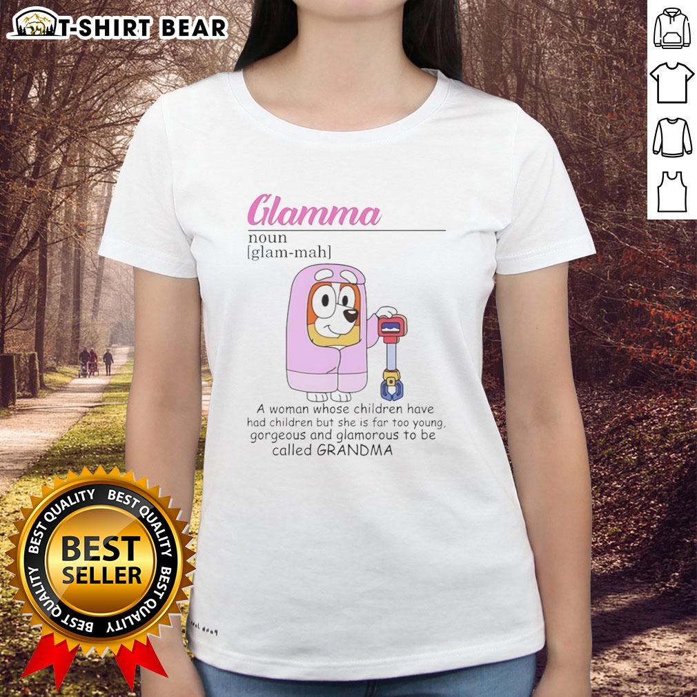 Official Bluey Glamma tee featuring a stylish design for young grandmothers celebrating family love and fun.