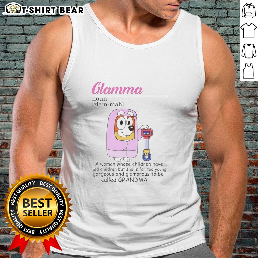 Official Bluey Glamma tank top featuring a stylish design for young grandmothers celebrating family and fun.