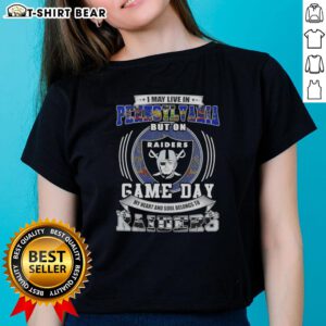 Official ladies tee: 'I May Live In Pennsylvania, But On Game Day My Heart Belongs To Las Vegas Raiders' design.