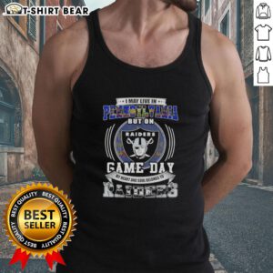 Alt Text: Woman wearing a tank top with 'I May Live In Pennsylvania But My Heart Belongs To Las Vegas Raiders' design.