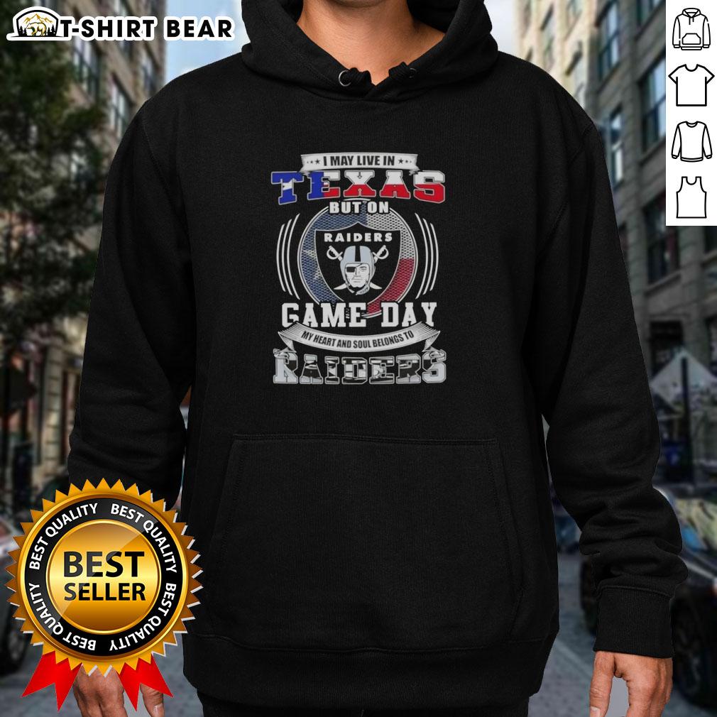 Texas fan in Las Vegas Raiders hoodie, showcasing team pride on game day with bold graphics and vibrant colors.