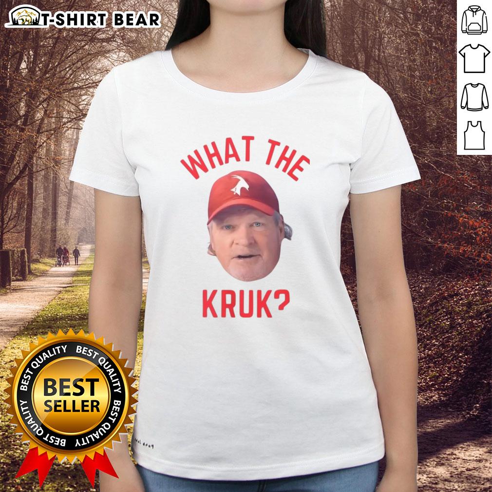 Alt Text: Official John Kruk Philadelphia Phillies MLB What The Kruk Big Face Ladies Tee featuring vibrant graphics and soft fabric.