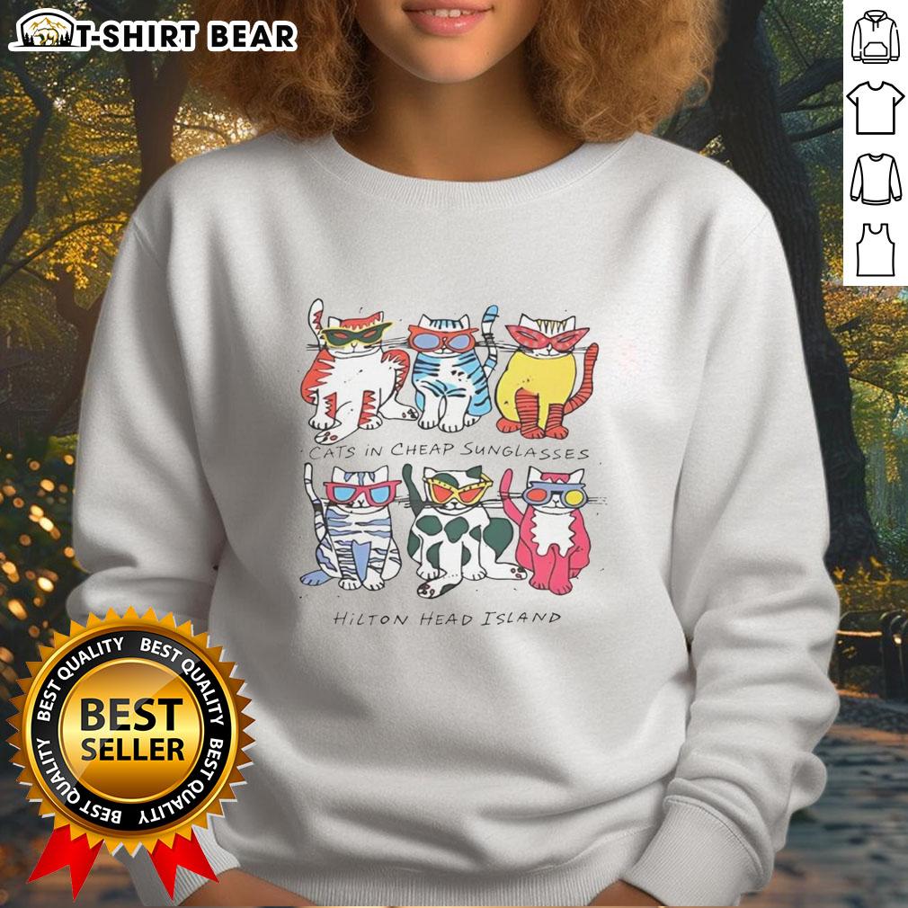 Alt Text: Justin wearing cheap sunglasses, showcasing Hilton Head Island cats on a graphic sweatshirt. Perfect for casual style.