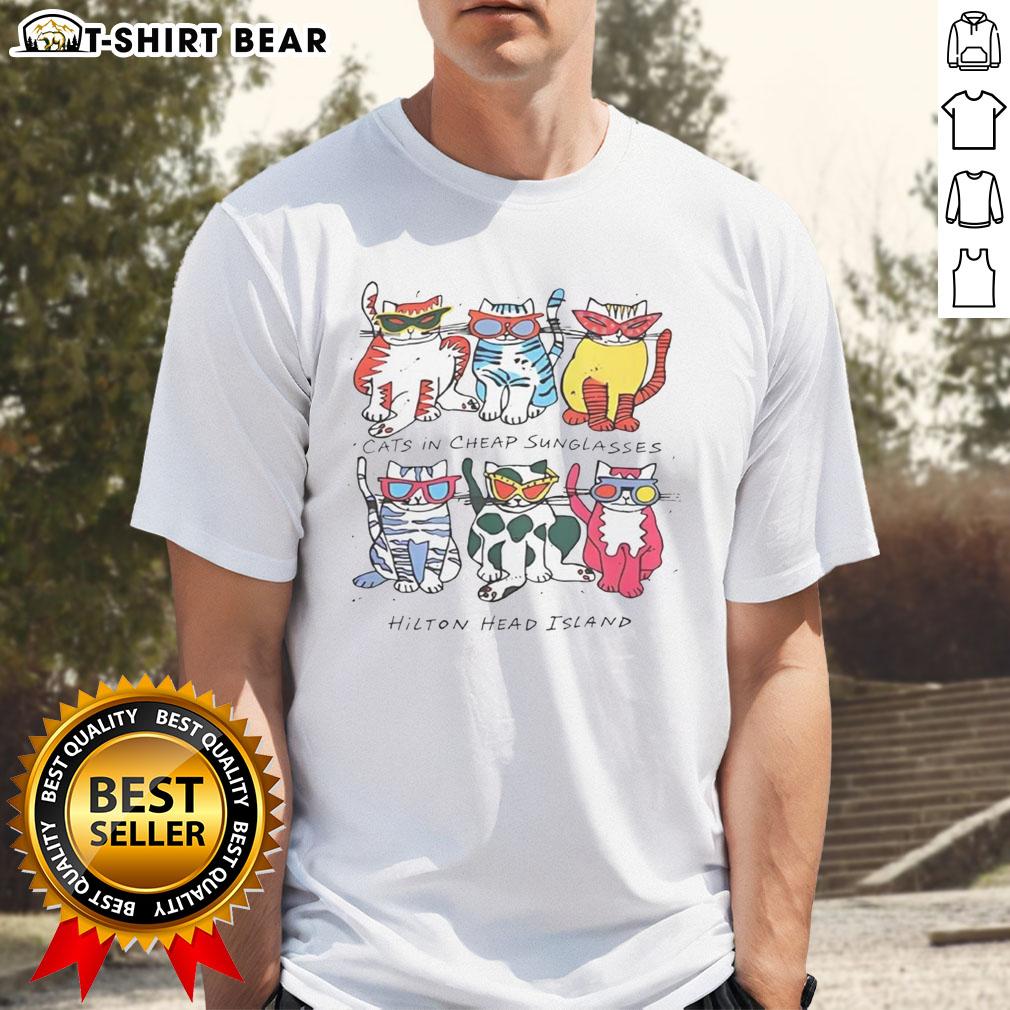 Official Justin in cheap sunglasses graphic t-shirt featuring Hilton Head Island cats design, perfect for casual wear.