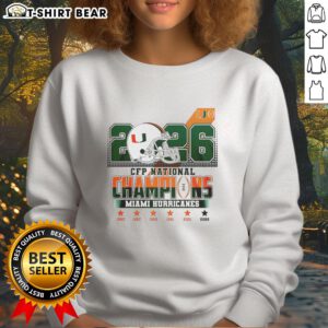 Official Miami Hurricanes CFP National Champions 2026 sweatshirt featuring team logo and championship graphics.