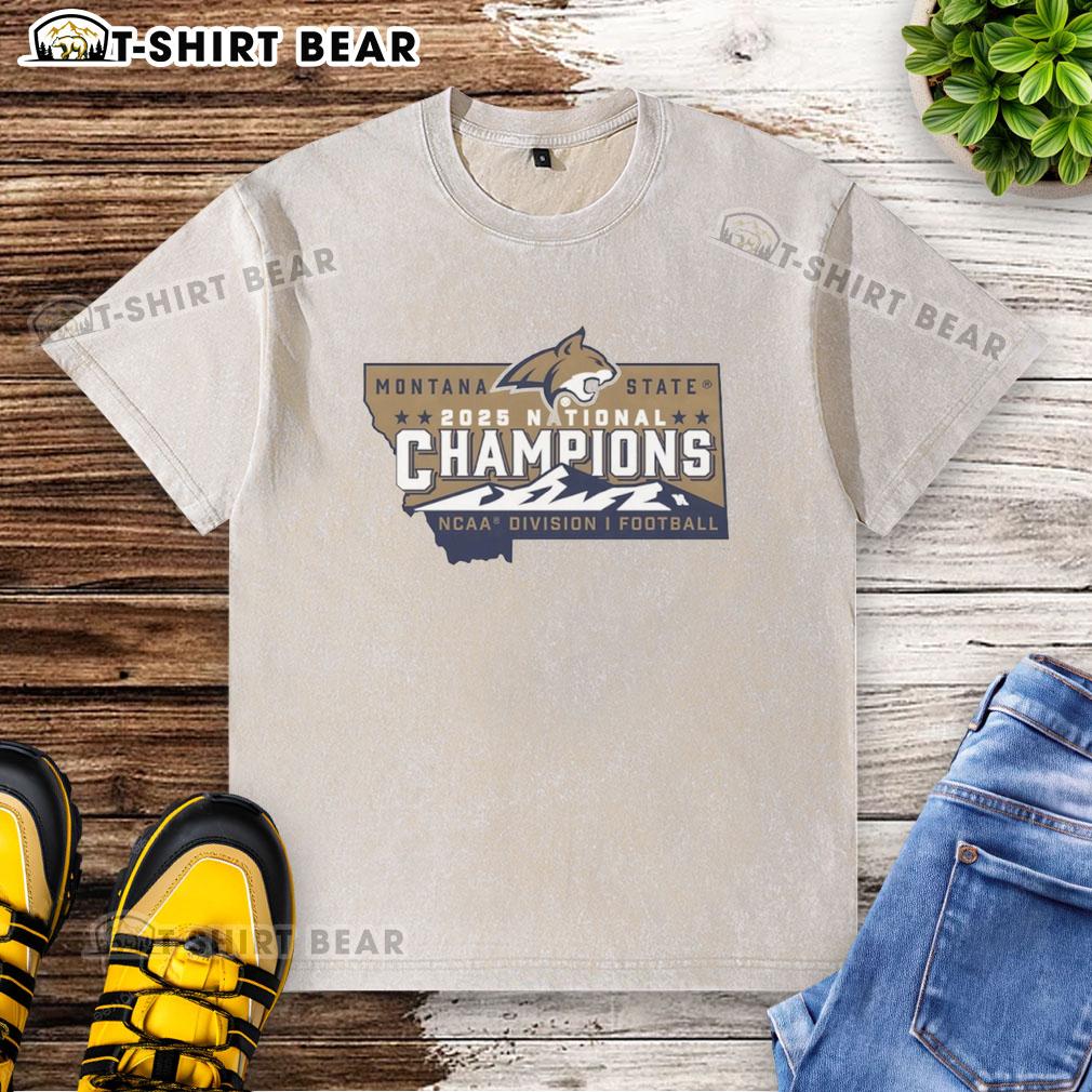 Official Montana State Bobcats Football 2025 National Champions NCAA Division I state logo washed t-shirt design.
