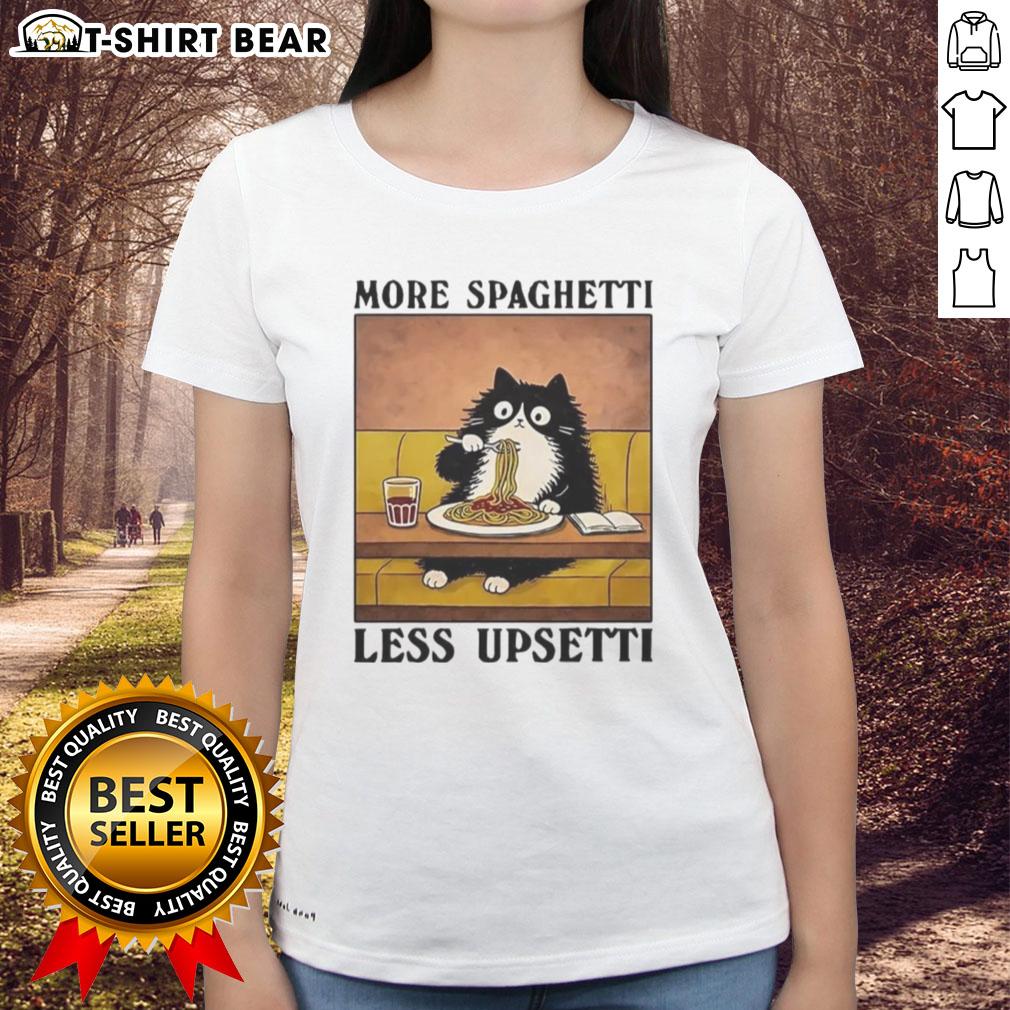 Black cat enjoying Italian food on a 'More Spaghetti Less Upsetti' ladies tee, perfect for cat lovers and foodies.