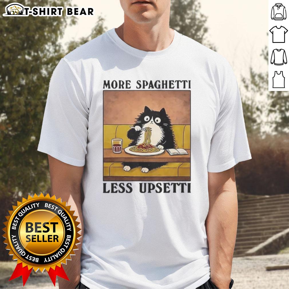 Alt Text: Official More Spaghetti Less Upsetti T-Shirt featuring a black cat enjoying Italian food, perfect for cat lovers.