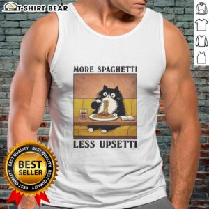 Black cat enjoying Italian food in 'More Spaghetti Less Upsetti' tank top, perfect for cat lovers and pasta fans.