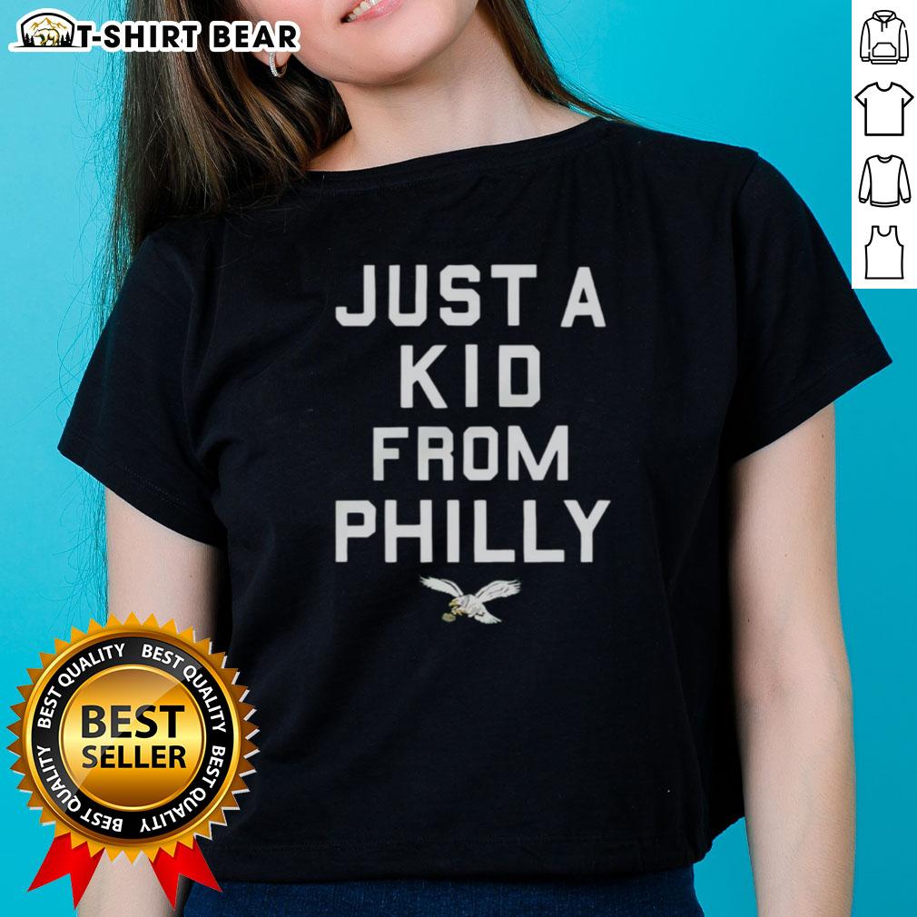 Alt Text: Official Philadelphia Eagles Just A Kid From Philly Ladies Tee in green, celebrating Philly pride and team spirit.