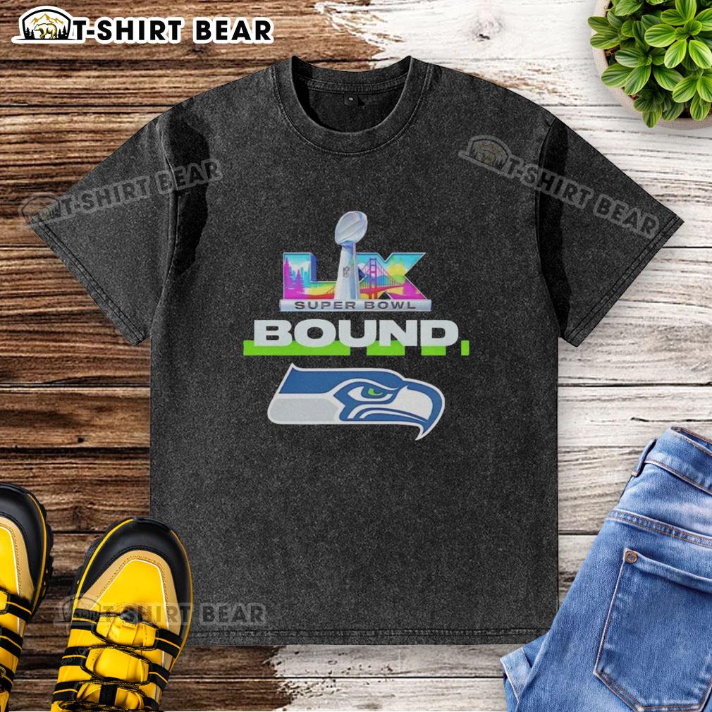 Alt Text: Official Seattle Seahawks NFC Champions Super Bowl LX Bound big logo washed t-shirt featuring vibrant team colors.