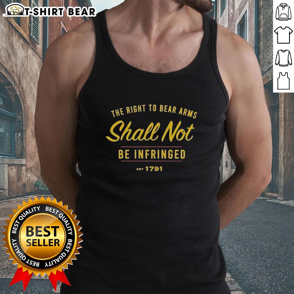 Man wearing 'The Right To Be Bear Arms Shall Not Be Infringed Est 1791' tank top, showcasing a bold Second Amendment statement.
