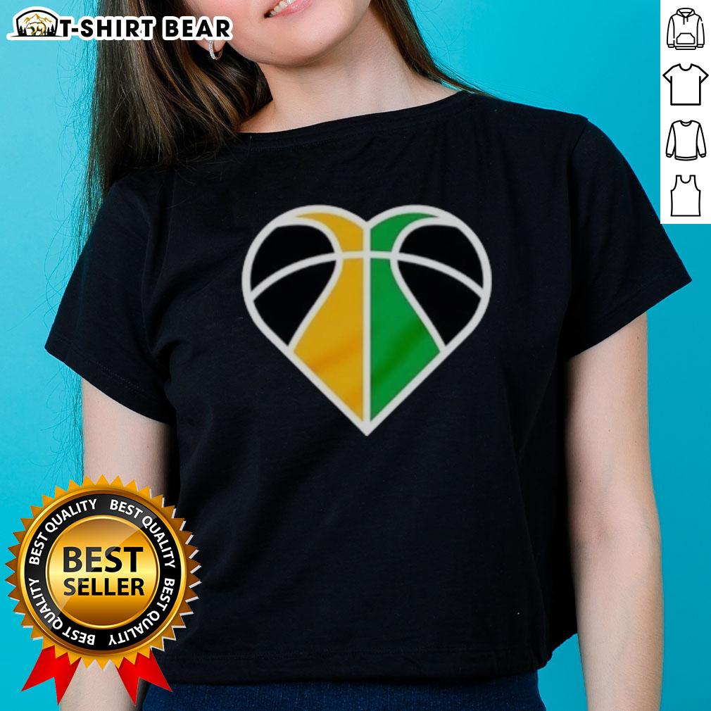 Official Utah Jazz Basketball Heart Logo on a stylish ladies tee, perfect for fans showing team spirit and love for the game.