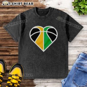 Alt Text: Official Utah Jazz Basketball Heart Logo on a Washed T-Shirt, featuring vibrant colors and a stylish design for fans.
