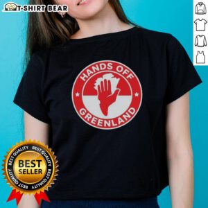 Original Greenland Hands Off logo on a stylish ladies tee, showcasing a trendy design for eco-conscious fashion.