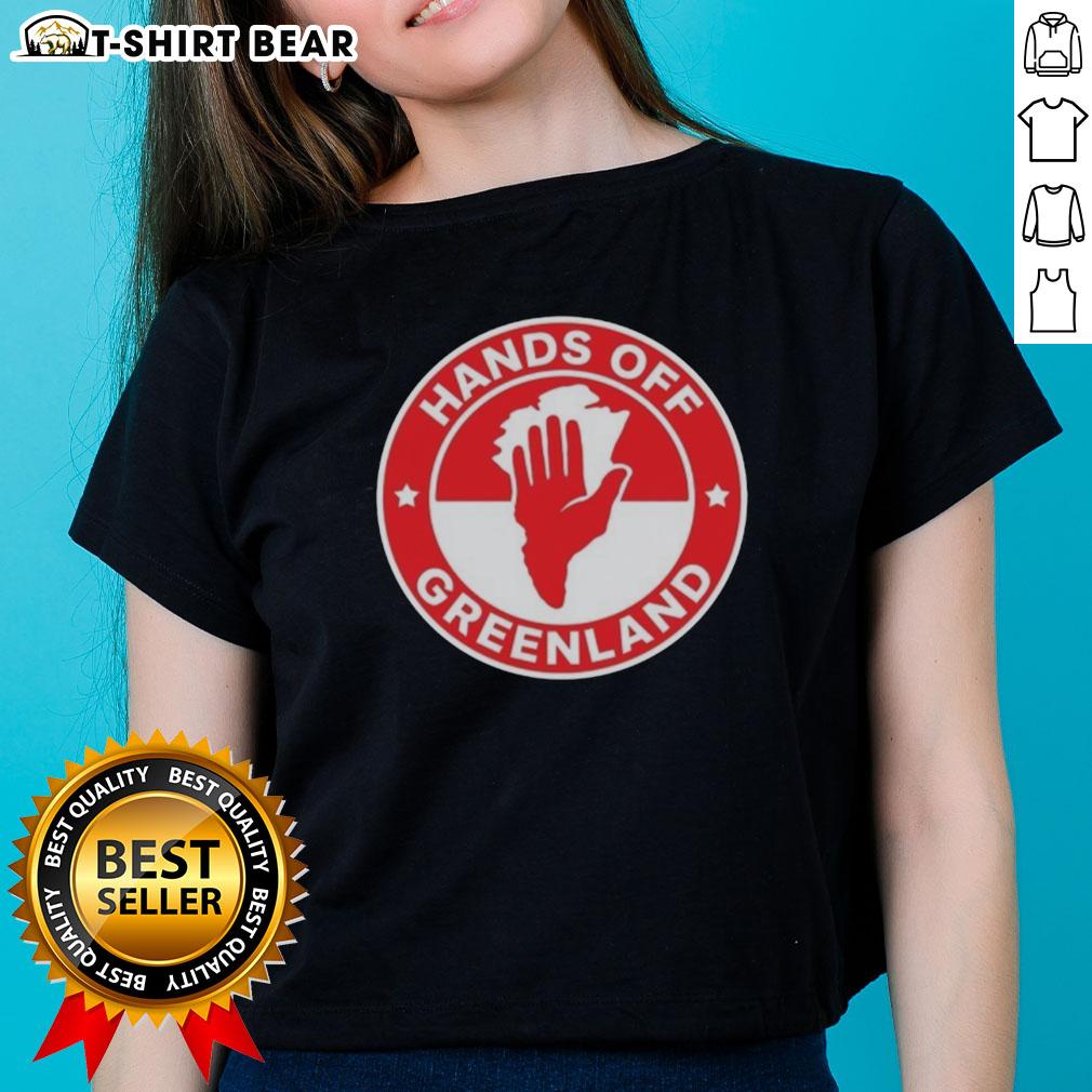 Original Greenland Hands Off logo on a stylish ladies tee, showcasing a trendy design for eco-conscious fashion.