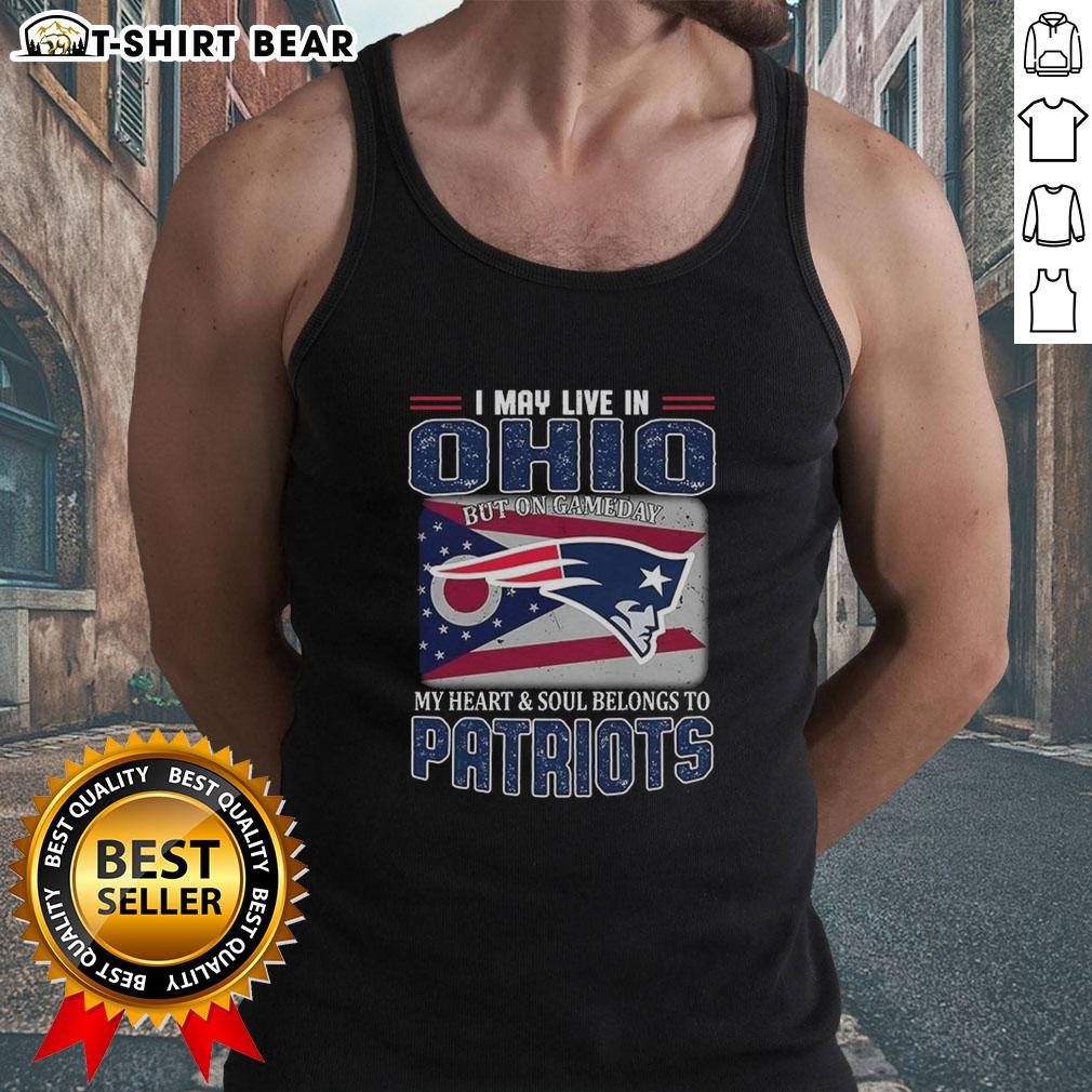 Alt Text: Woman wearing a New England Patriots flag tank top, showcasing team spirit while living in Ohio on game day.