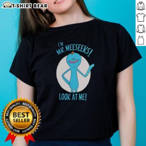 Original Mr. Meeseeks Look At Me ladies tee featuring vibrant graphics and comfortable fit for fans of Rick and Morty.