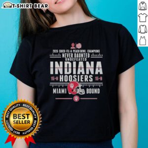 Alt Text: Original Indiana Hoosiers 2026 Chick-fil-A Peach Bowl Champions tee, celebrating an undefeated 15-0 season for ladies.