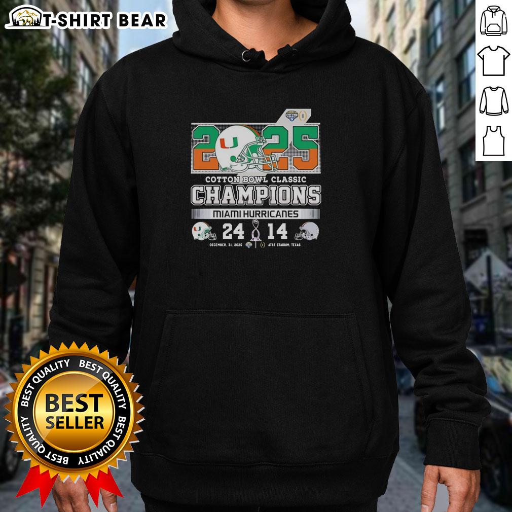 2025 Original Miami Hurricanes vs Ohio State Buckeyes Cotton Bowl Classic hoodie featuring team logos and vibrant colors.