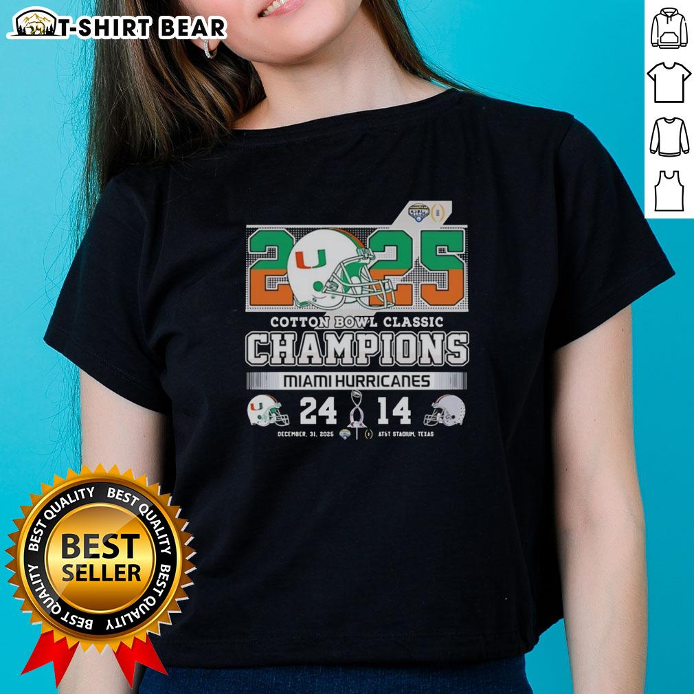 Original Miami Hurricanes beat Ohio State Buckeyes Cotton Bowl Classic 2025 ladies tee featuring vibrant team graphics.