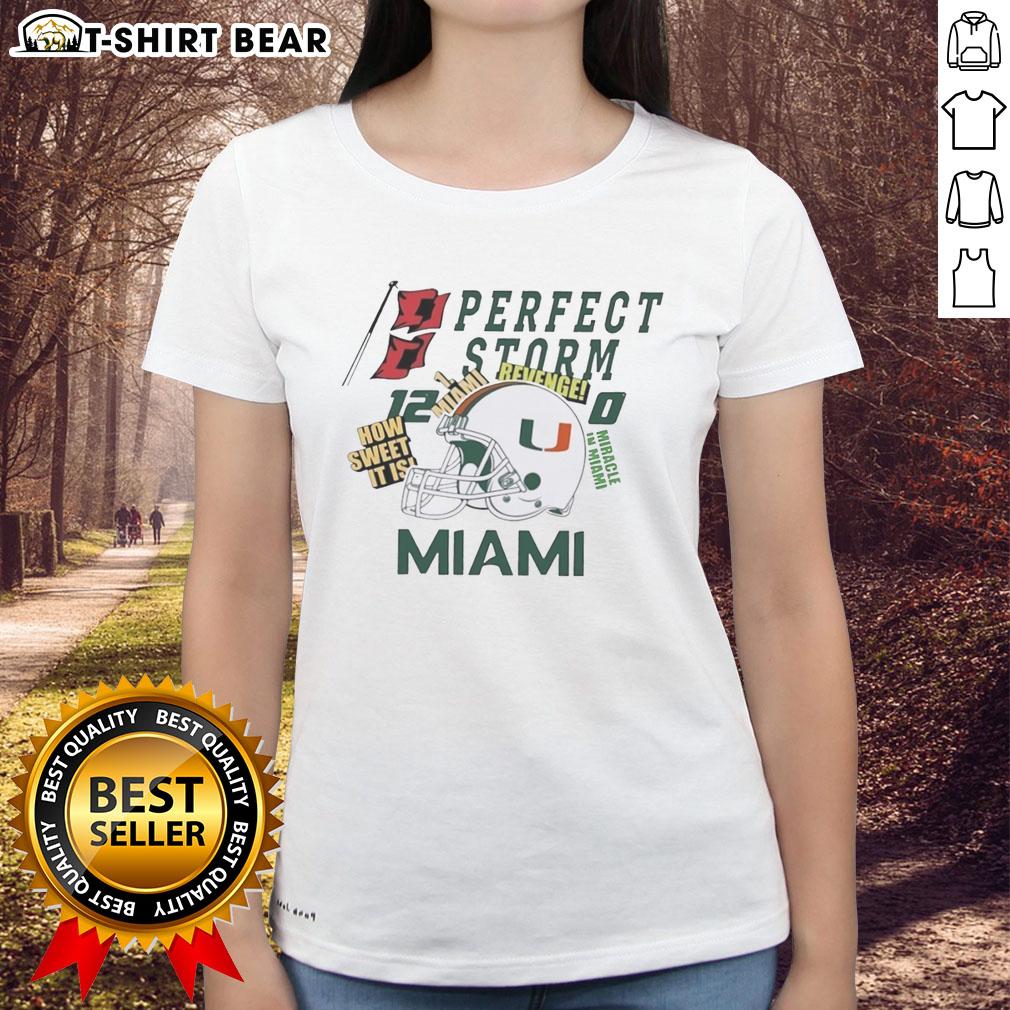 Original Miami Hurricanes Helmet tee for ladies, featuring 'Perfect Storm Revenge' design, perfect for fans.