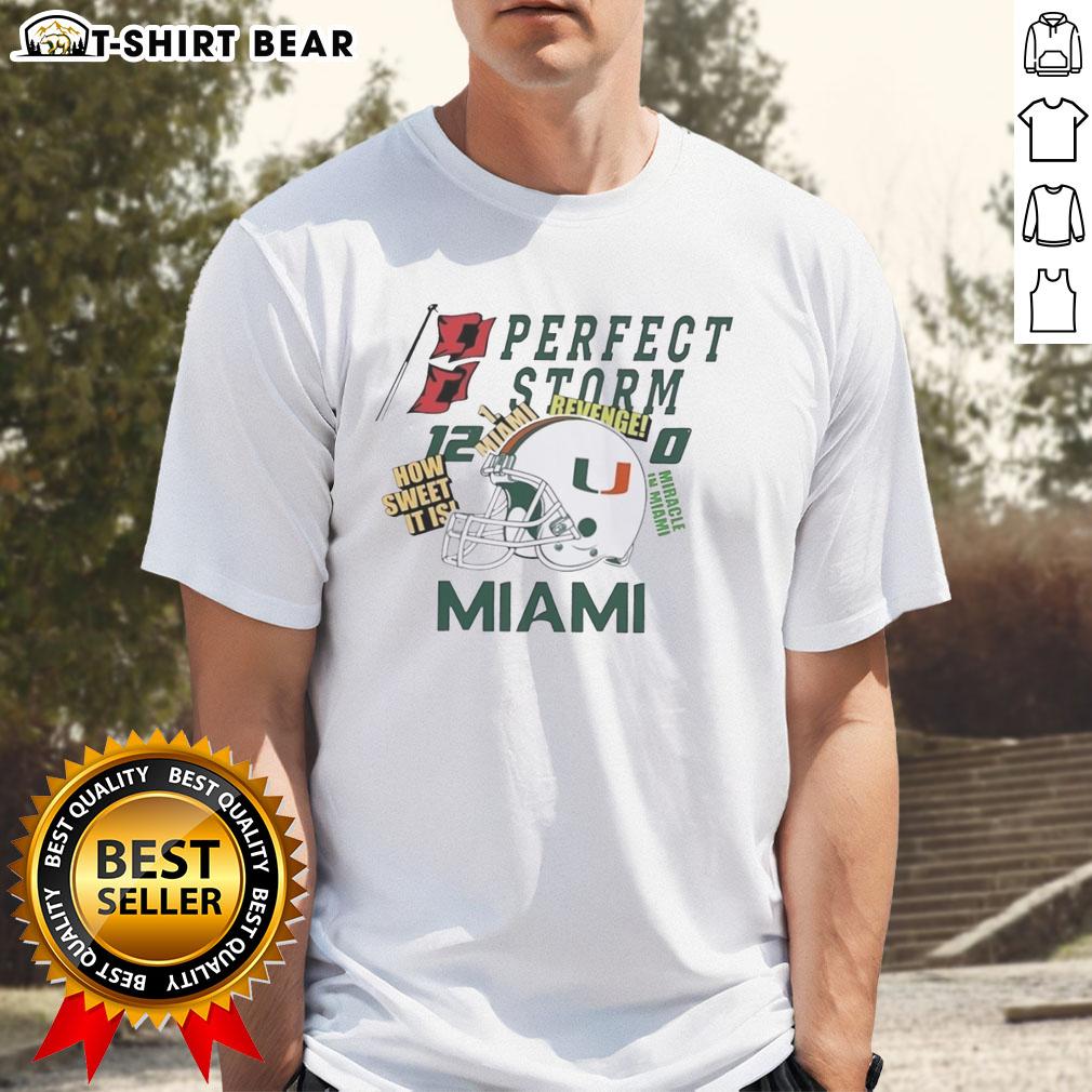 Alt Text: Original Miami Hurricanes Helmet T-Shirt featuring Perfect Storm Revenge and How Sweet It Is design.