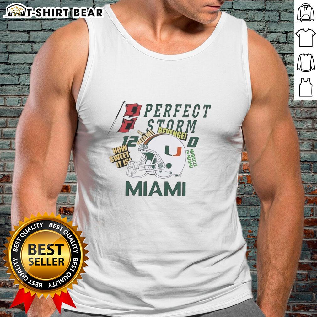 Original Miami Hurricanes Helmet tank top featuring 'Perfect Storm Revenge' design, perfect for fans and collectors.