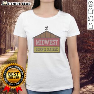 Original Midwest Fuel Ladies Tee, Born and Raised in Indiana, showcasing pride in U.S. heritage and local culture.