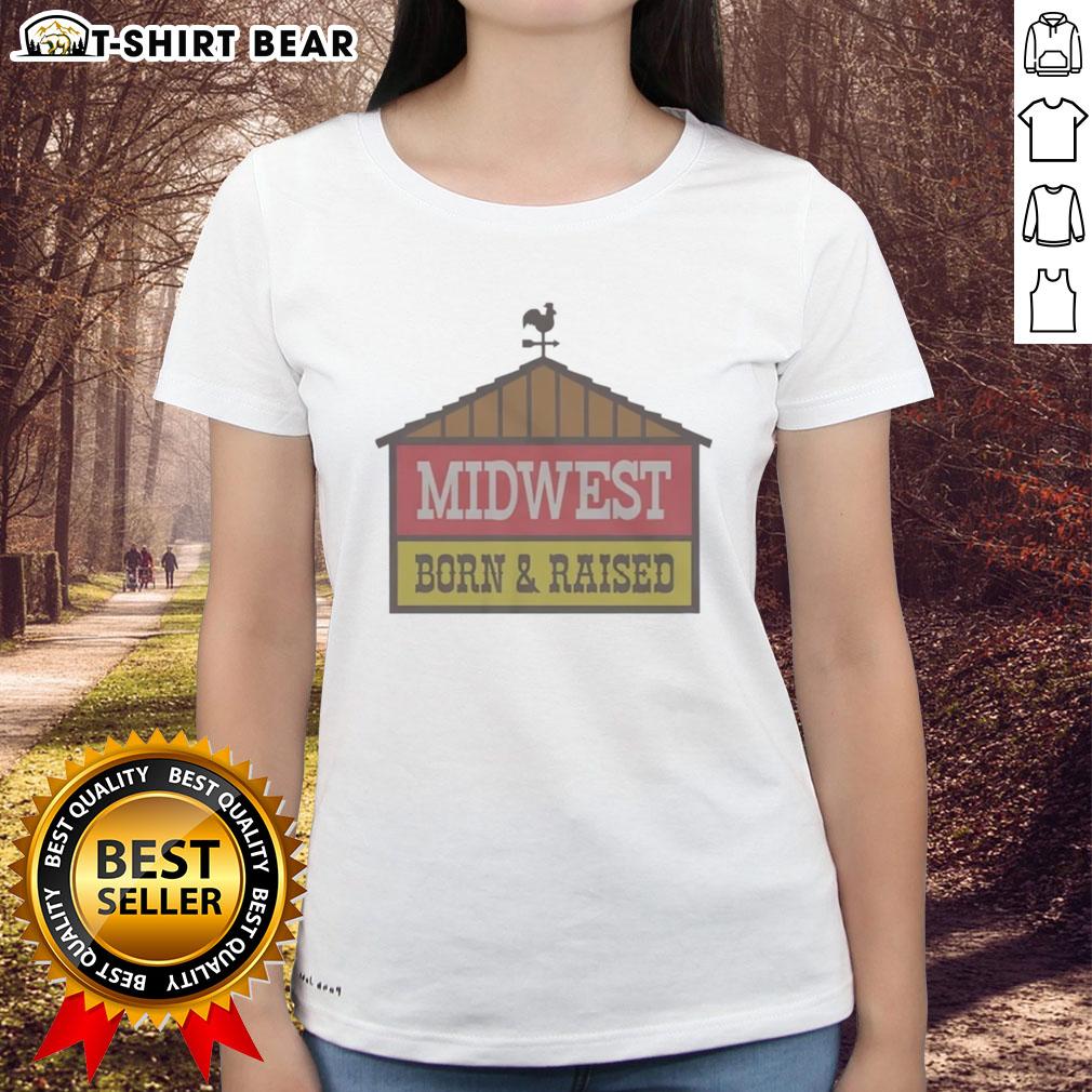 Original Midwest Fuel Ladies Tee, Born and Raised in Indiana, showcasing pride in U.S. heritage and local culture.