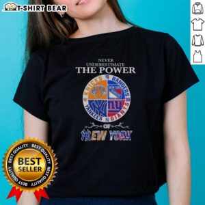Alt Text: Original Never Underestimate The Power Of New York City Sports Logos Combine Ladies Tee showcasing vibrant NYC sports designs.