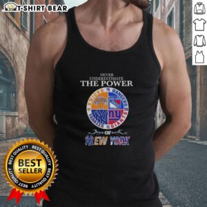 Alt Text: Original NYC sports logos combine tank top showcasing vibrant designs and the phrase 'Never Underestimate the Power'