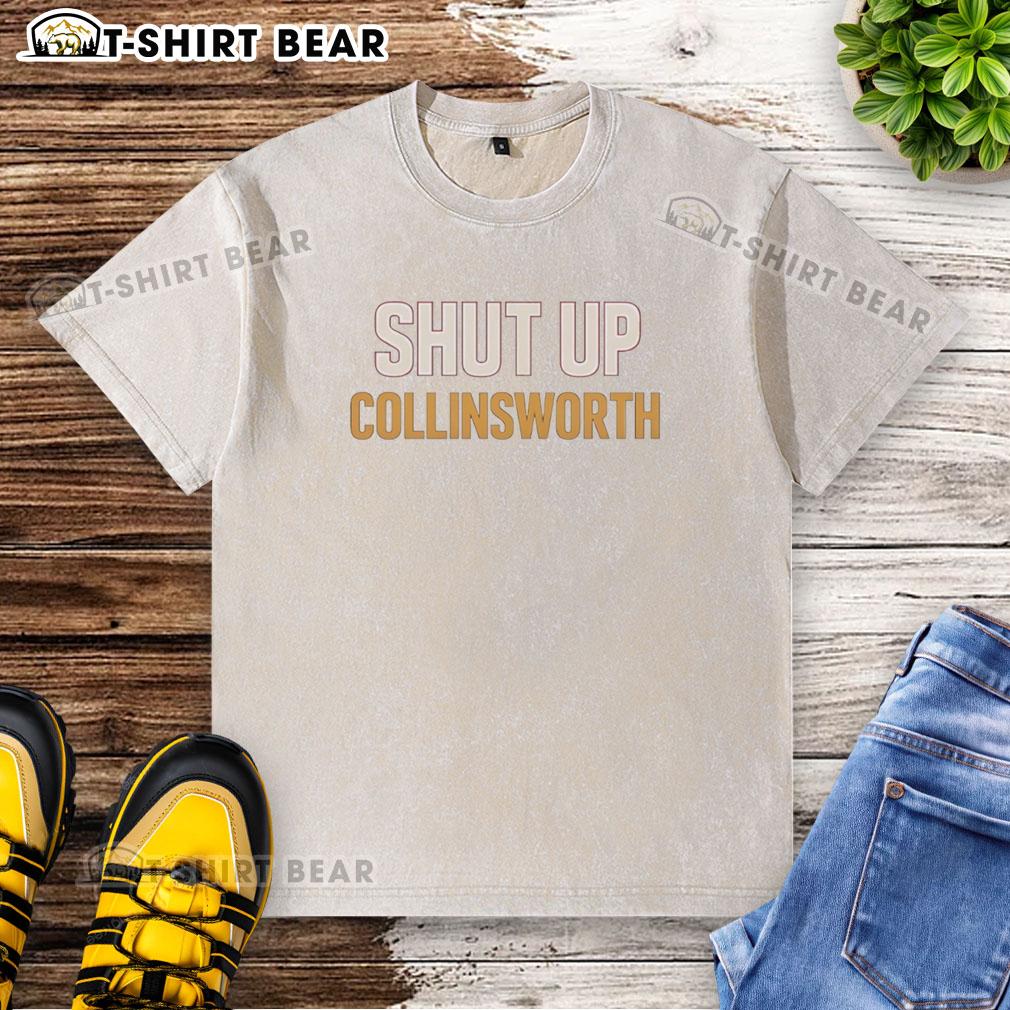Funny washed t-shirt featuring Cris Collinsworth with 'Shut Up' slogan, perfect for football fans and casual wear.