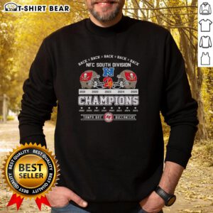 Original Tampa Bay Buccaneers Football Champions NFC South Division 2025 Back-to-Back Sweatshirt in team colors.