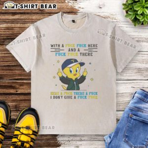 Alt Text: Original Tweety Bird middle finger graphic on a washed t-shirt with playful 'Fck Fck' text design.