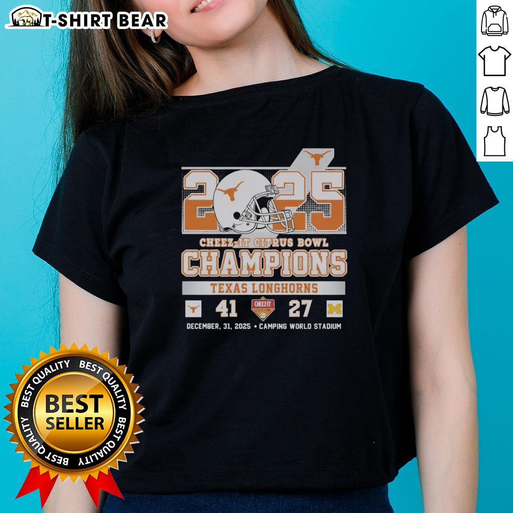 Alt Text: Vintage ladies tee celebrating the 2025 Cheez-It Citrus Bowl Champions, Texas Longhorns, in vibrant colors.