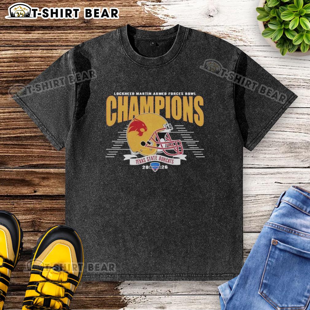 Texas State Bobcats football champions celebrate in a stylish 'Pretty 2026 Armed Forces Bowl' washed t-shirt.