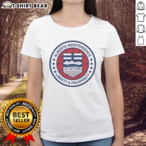 Pretty Alberta Independence Liberty and Prosperity Circle Logo on a stylish ladies tee, perfect for expressing freedom.