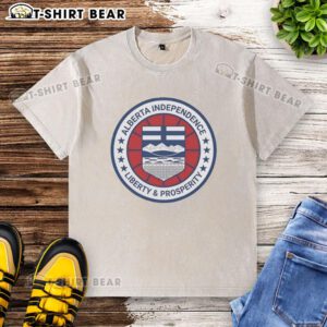 Pretty Alberta Independence Liberty and Prosperity Circle Logo on a Washed T-Shirt, showcasing a unique design and vibrant colors.