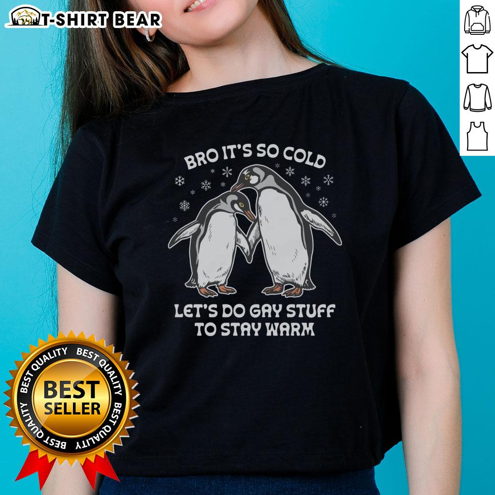 Pretty Bro It's So Cold Let's Do Gay Stuff To Stay Warm Ladies Tee, featuring a fun graphic design for cozy winter vibes.