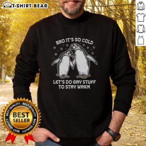 Cozy 'Pretty Bro It's So Cold Let's Do Gay Stuff To Stay Warm' sweatshirt, perfect for staying warm while celebrating pride.