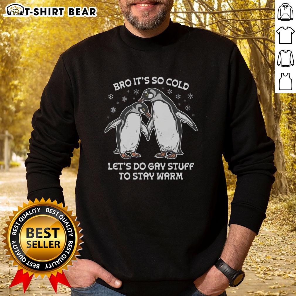 Cozy 'Pretty Bro It's So Cold Let's Do Gay Stuff To Stay Warm' sweatshirt, perfect for staying warm while celebrating pride.